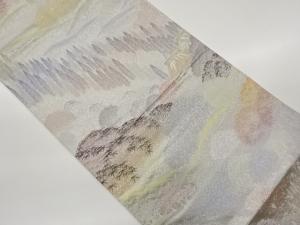 プラチナ二重箔山並に木々・民家模様織出し袋帯